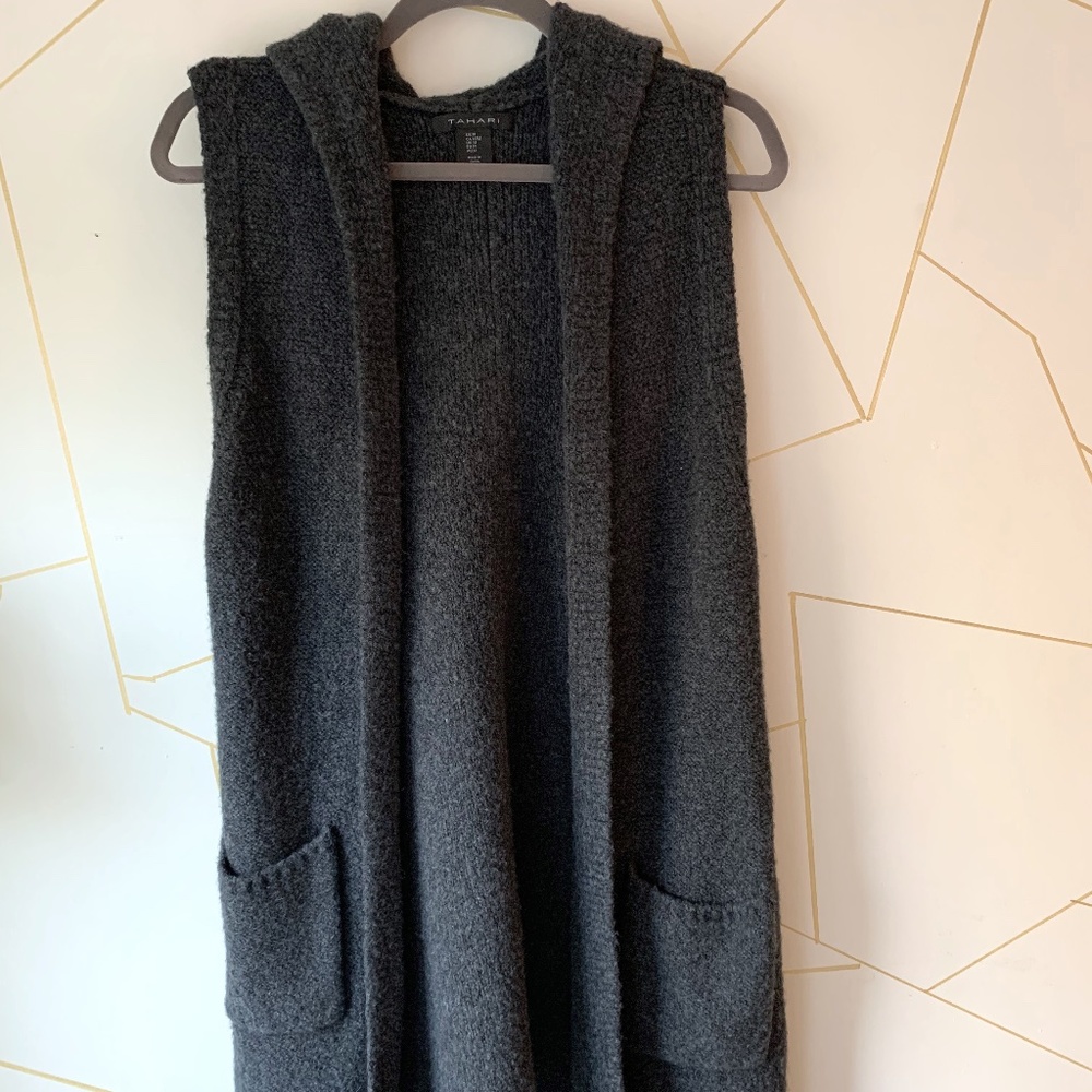 Tahari Charcoal Sleeveless Hooded Long Cardigan